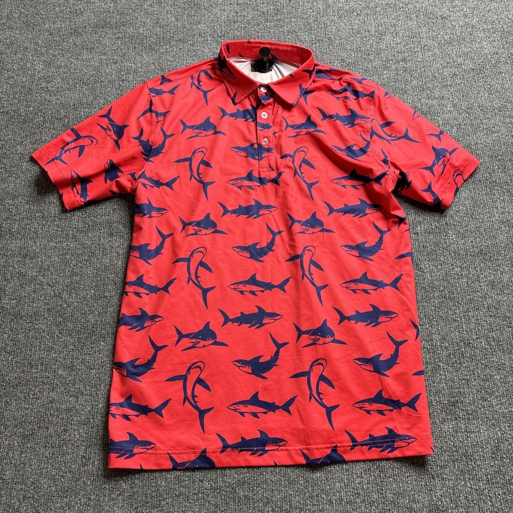 Waggle Polo Shirt Men's Large Red Shark Print Golf Performance Stretch Ocean‎ - Picture 1 of 8